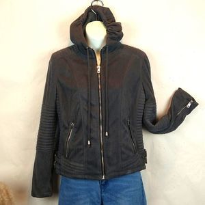 YMI charcoal gray faux suede moto jacket with hoodie